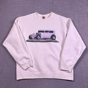Fruit‎ of the Loom Vintage Hot Rod Car Graphic Sweatshirt Mens Large White